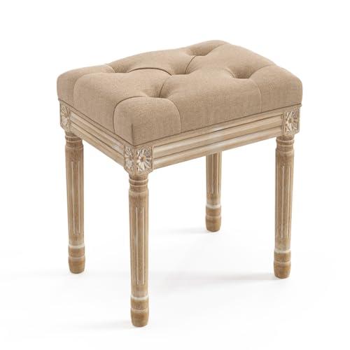 LUE BONA Upholstered Fabric Vanity Bench Seat, Makeup Stools for Vanity, Square Tufted Ottoman Bench with Carved Wood Color Legs for Bedroom Living Room, Wheat Color