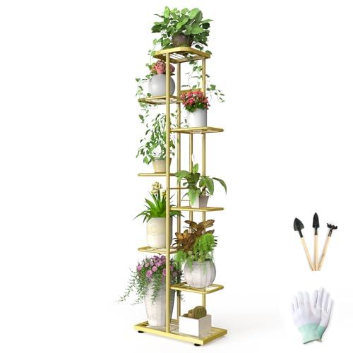 8 Tier 9 Potted Gold Plant Stand Indoor with Gardening Tools and Gloves, Tall Metal Corner Plant Shelf Organizer Outdoor, Multiple Flower Pot Holder Display Rack for Patio, Garden, Balcony