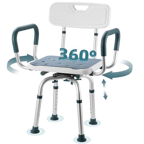 Swivel Shower Chair with Arms and Back, 350lbs Heavy Duty Shower Seat for Inside Shower Stall and Bathtub, Height Adjustable Safety Bath Seat for Elderly, Adults, Handicap and Disabled