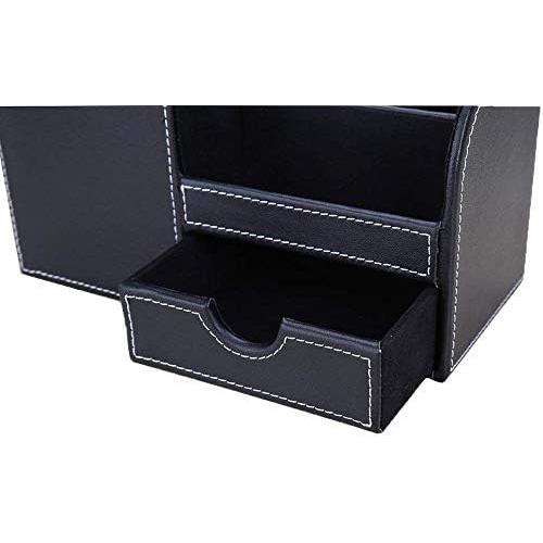 KINGFOM Desk Organizer Office Supplies Caddy Pu Leather Multi-function Storage Box Pen/Pencil,Cell phone, Business Name Cards Remote Control Holder with Small Drawer Black