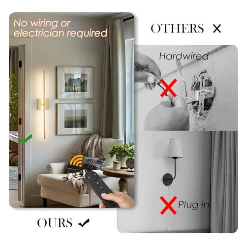 Battery Operated Wall Sconces with Remote Control, Dimmable Wall Sconces Set of Two, 350°Rotate, 3000K LED Gold Wireless Wall Light for Living Room, Hallway, Bedroom, 28.3 Inch (2 Pack)