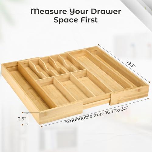 Fabsome Silverware Organizer for Cabinet Drawer, Expandable from 16.7'' to 30'' Wide Bamboo Wood Flatware Tray for Large Kitchen Drawers, Cutlery Utensil Holder