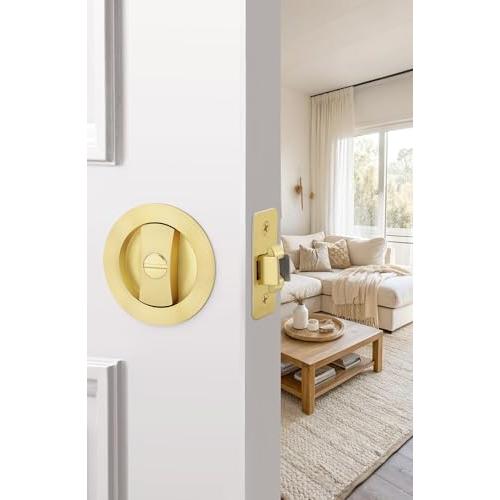 goldenwarm Brushed Nickel Round Pocket Door Lock, Pocket Door Hardware for 2-1/8'' Round Bore Hole, Pocket Door Handles Fit 1-1/4'' to 2'' Thickness Sliding Door 2-3/8'' Latch 1 Pack