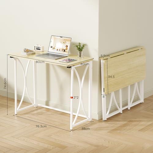Folding Table, 31.5 Small Desk for Bedroom, Space Saving Foldable Computer Desk for Home Office, Easy Assembly, Beige