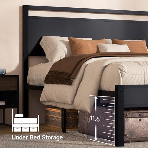 Black Full Size Z-hom Upgraded Full Size Bed Frame, Heavy Duty Metal Sturdy Full Bed Frame with Modern Wood Headboard & Footboard, Stable Platform Bed Furniture Bed Storage, No Noise, No Box Springs, Black