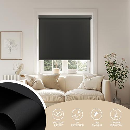 Blackout Roller Shades for Windows, Color-Matched Roller Blinds, UV Protection, Thermal Insulation Fabric Room Darkening Shades for Home, Office, Black, Custom Size.