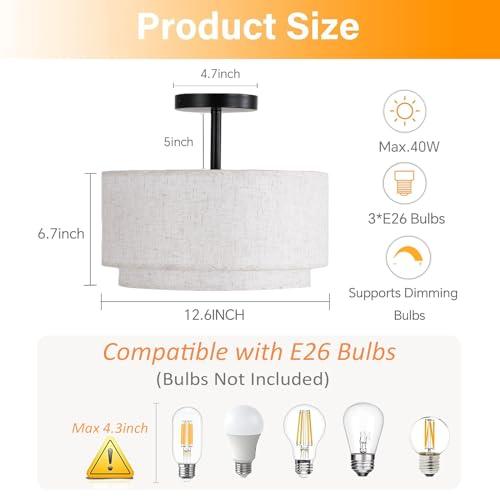 12.6inch Flush Mount Ceiling Light Fixture,3-Light Modern Close to Ceiling Light with 2-Layer Linen Fabric Shade,Farmhouse Drum Ceiling Mount Lamp for Bedroom Hallway Living Room