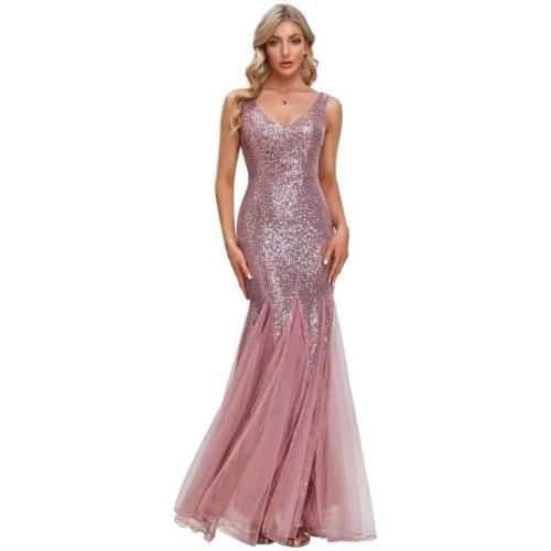 Size XL Color Pink Updated Women's Double V Neck Long Sequined Mermaid Dress Formal Dress Bridesmaid Party Dress