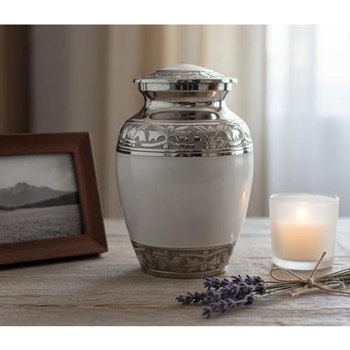 eSplanade Cremation Urn Memorial Container Jar Pot | Metal Burial Urns | Keepsake for Ashes | Brass - White - 6 Inches (Medium)