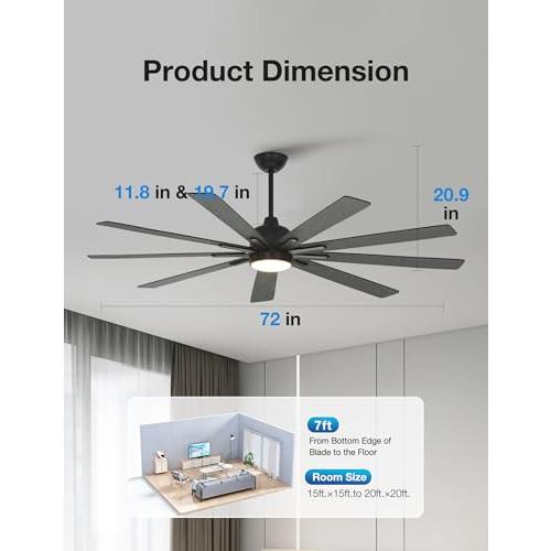 warmiplanet Ceiling Fans with Lights and Remote Control, 72-Inch, Reversible Silent DC Motor, 6 Speeds, 3 Color Dimmable LED Light, Timer, Black, 9-Blades