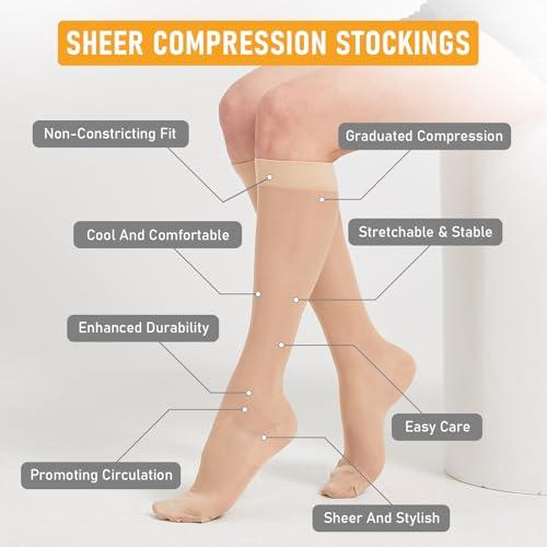 BSERA 2 Pairs Sheer Compression Socks for Women 15-20 mmHg Knee High