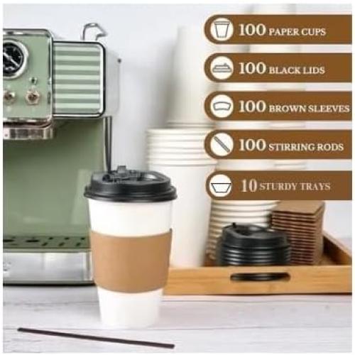 Varte Premium Coffee Cup (16 oz - 100 pack) with Sealable Lid, Sleeve, Stirrer and an additional 10 Trays per pack