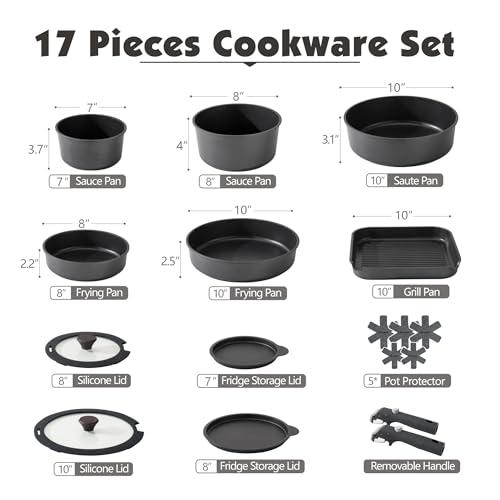 SENSARTE 17 Piece Nonstick Detachable Handle Pots and Pans Set Black