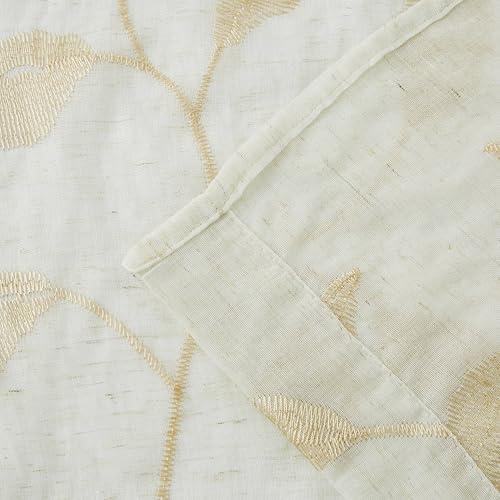 Bujasso Gold Linen Leaf Sheer Curtains Embroidered Floral Farmhouse Light Filtering Window Panels Botanical Sheer Drapes for Living Room Bedroom Grommet