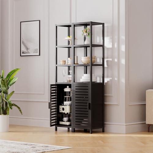 HITNET Bathroom Cabinet Freestanding, Tall Slim Bamboo Storage Cabinet with Shelves and Door, Space Saving Kitchen Cupboard Organizer, Black