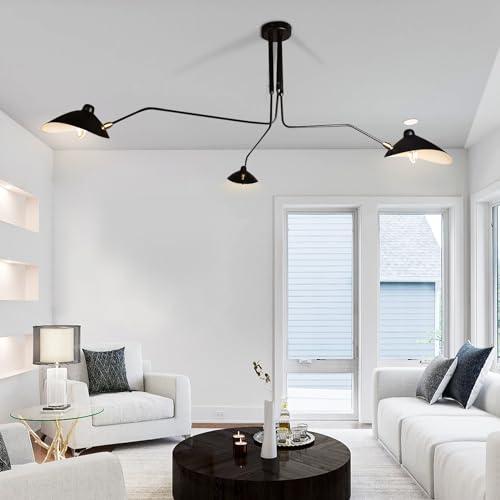 63 Mid-Century Modern Chandelier, Matt Black Adjustable 3-Arms Large Pendant Lighting Fixture for Bedroom Dining Room Living Room Kitchen Island 3-Light
