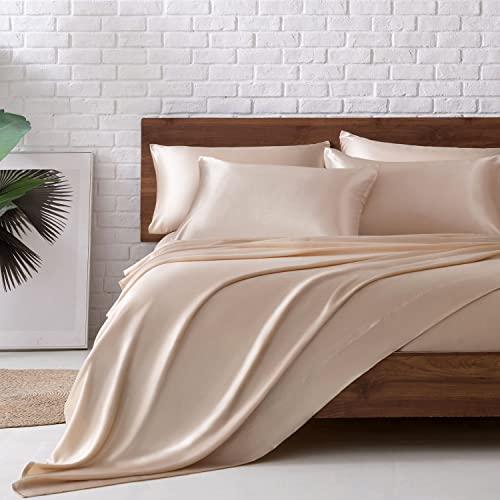 MR&HM Satin Bed Sheets, Full Size Sheets Set, 6 Pcs Silky Bedding Set with 15 Inches Deep Pocket for Mattress (Full, Champagne)