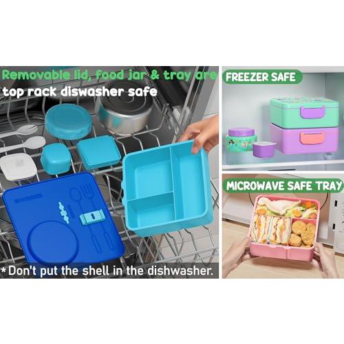 Fimibuke Bento Box for Kids Adult, BPA Free & Leakproof Toddler Lunch Box with 8.5oz Insulated Food Jar, Utensils & Sauce Jar, Dishwasher Safe 3 or 4 Compartment Container for School Girl Boy