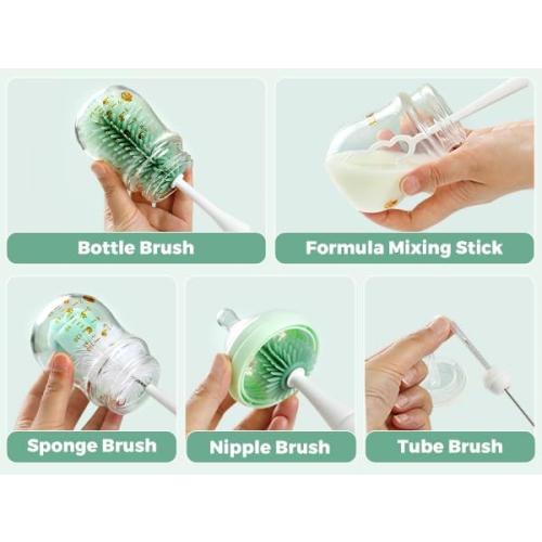 Momcozy 7 in 1 Electric Bottle Brush Kit, Portable Cleaning Set with Formula Mixer, Silicone Brush, Nipple Brush, Straw Brush, Soap Dispenser, Drying Rack - Long Battery Life for Home & Travel