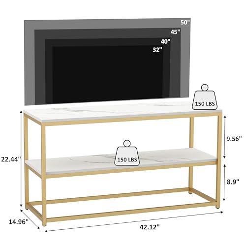 Function Home TV Stand for TVs up to 50 Inch, 3 Tier Entertainment Center, Modern TV Cabinet with Marble Top and Gold Metal Base, 42 Media Console Table with Storage for Living Room Bedroom