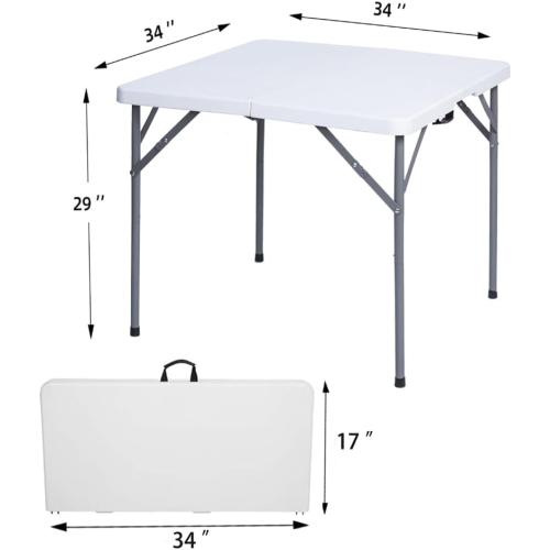 Lakhow 34 Square Folding Table, Fold-in-Half Utility Dining Portable Table Heavy Duty HDPE Plastic Foldable with Carrying Handle Indoor Outdoor for Picnic, Party