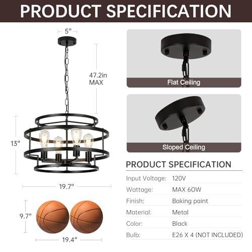 4-Light Black Chandelier for Dining Room, 19.7 Modern Farmhouse Pendant Light with Geometric Metal Frame, Industrial Flush Mount Ceiling Light for Living Room, Bedroom, Kitchen Island, Hallway, Foyer