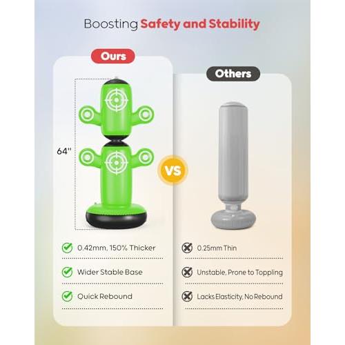 QPAU 360° Rotatable Punching Bag for Kids, Lager 64” Kids Punching Bag with Gloves, Hand Pump & 6 Targets, Bop Bag Inflatable Punching Toy, Karate Gifts for Boys, Girls