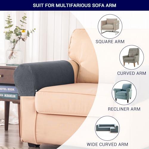 SUBRTEX Stretch Couch Arm Covers Set of 2, Checkered Sofa Arm Slipcovers, Anti-Slip Armrest Covers for Recliner and Armchairs, Pet Proof, High Stretchy, Hook & Loop Tape, Gray