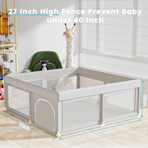 Hiaksedt Baby Playpen 50x50 Inch, Play Pens for Babies and Toddlers | Baby Fence for Indoor & Outdoor, Sturdy Safety Play Yard with Soft Breathable Mesh, Anti-Fall, Grey