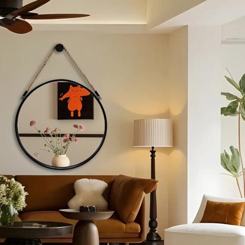 POZINO Round Mirror, 24 Inch Hanging Mirror with Rope, Circle Wall Mirrors, Black Frame Farmhouse Mirrors for Bathroom Bedroom Living Room Entryway Home Decor