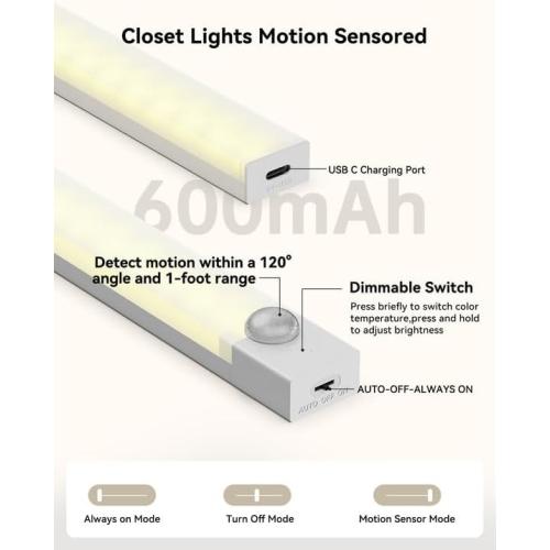 Under Cabinet Lighting 12 Inches Rechargeable Motion Sensor Light Indoor, 3 Color Dimmable Closet Light Battery Operated, USB Stick on LED Magnetic Under Counter Lights for Kitchen Stair, 3Packs