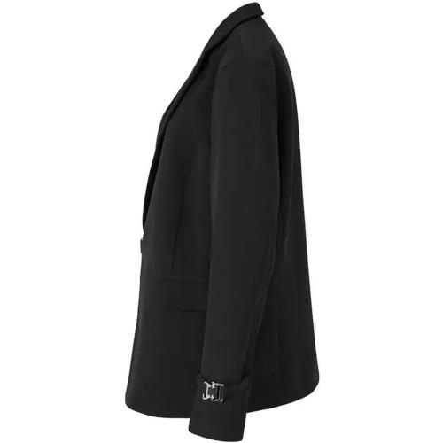 Large Women Black Blazer Metal Buckle Casual Irregular Lapel Long Sleeve Jacket Loose Coat