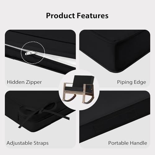 Waterproof Outdoor Chair Cushions 24x24, Memory Foam Outdoor Cushions for Patio Furniture with Removable Cover, Deep Seat Cushions for Outdoor Furniture with Ties and Handle, Black