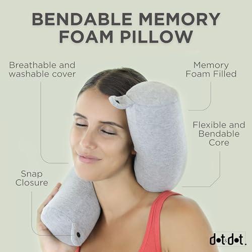 Dot&Dot Twist Memory Foam Travel Pillow, Bendable Neck Pillow for Airplane, Car and Home, 26-Inch Adjustable Roll with Washable Cotton Cover, Gray
