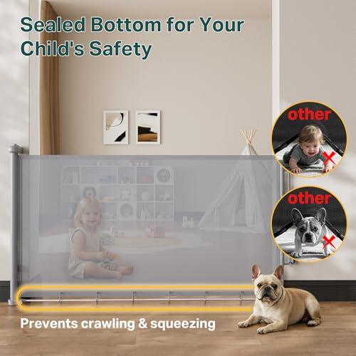 Cumbor 37-55 Retractable Baby Gates for Stairs & Doorways, Indoor Outdoor | Hardware Mounted Mesh Dog & Pet Gate, Easy Walk Through, One-Hand Operation, Anti-Crawl Adjustable Safety Gate for Dog, Grey