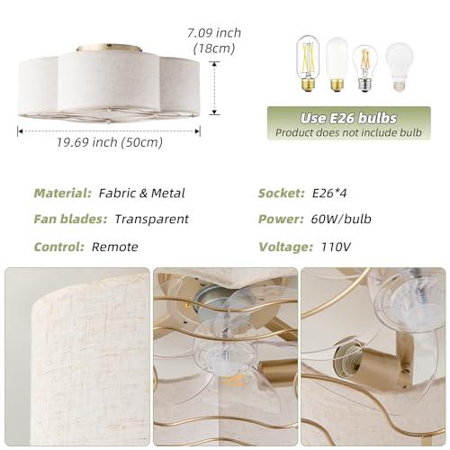 WHITE 20 Boho Ceiling Fan with Light, Rattan Caged Flush Mount Ceiling Fan with Light Remote Control, Enclosed with 6 Speeds for Bedroom, Living Room, Foyer, Nursery (Beige)