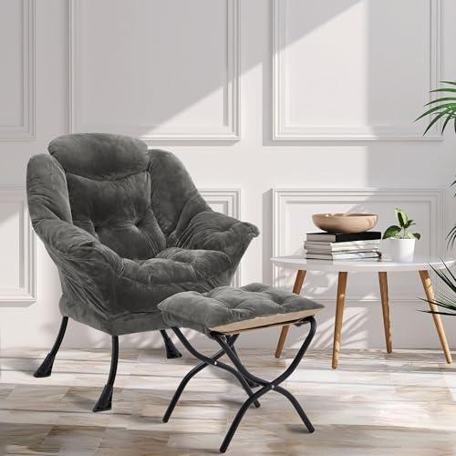 Fabric Lazy Chair with Ottoman, Oversized Upholstered Sofa Chair for Adults, Plush Comfy Lounge Chair with Large Side Storage Pocket, Reading Chair for Living Room, Bedroom, Office, Dark Gray