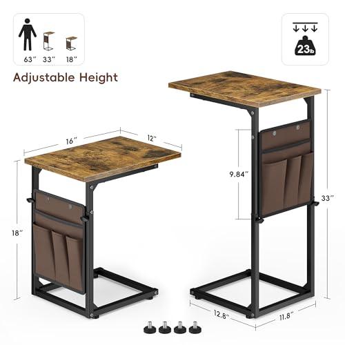 Vagusicc C Shaped End Table, 33Tall Side Table for Couch, Adjustable Height Sofa Table Small Couch Side Tables, Slide Under Recliner TV Tray Arm Tables with Metal Frame for Living Room,Bedroom,Brown