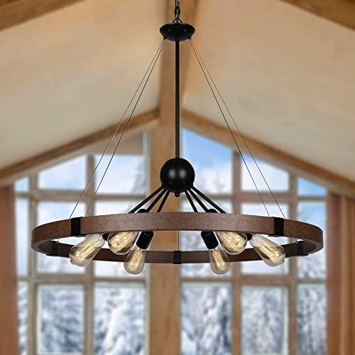 Klgxnrd 31.5'' Farmhouse Chandeliers for Dining Room, Rustic Wagon Wheel Chandelier for Entryway, Sputnik Light Fixture for Breakfast Area Stairwell Bedroom Foyer, Vintage Rust and Black Finishe