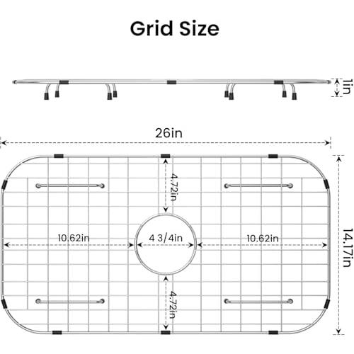 Sink Protector Grid 26-1/16 x 14-1/16,Centered Drain with Corner Radius 3-1/2, Stainless Steel Material(Centered Drain)