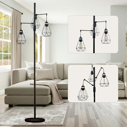 69 Industrial Tree Floor Lamp with Stepless Dimming - Adjustable Cage Shades & weighted Base, Vintage Dimmable Standing Light for Living Room/Office, 3x Edison Bulbs Included (Farmhouse Rustic)
