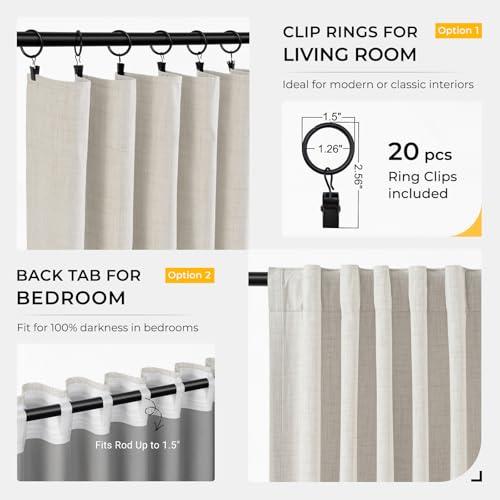 INOVADAY 100% Blackout Curtains for Bedroom, Black Out Curtains 96 Inch Long, Clip Rings Linen Blackout Drapes, Thermal Insulated Room Darkening for Living Room, 2 Panels - Beige,W50xL96