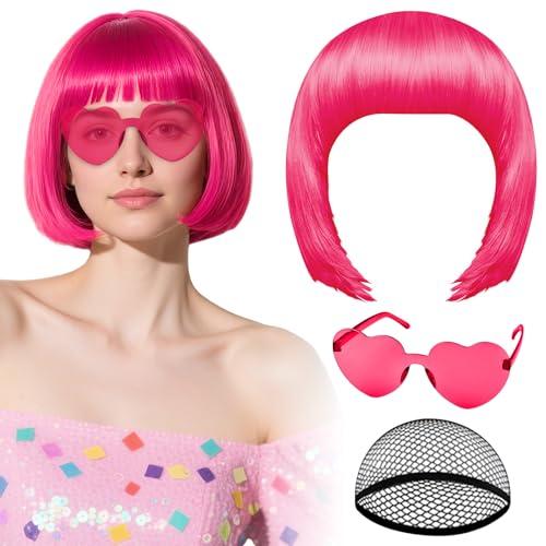 PLULON Hot Pink-Color Bob Wig with Heart Sunglasses Neon Colored Party Wig
