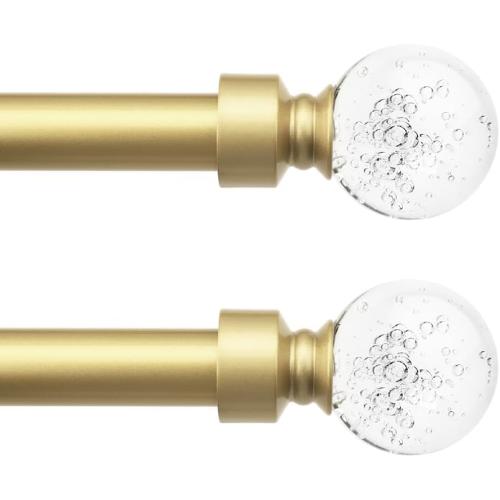 knobelite 2 Pack Gold Window Treatment Single Curtain Rods, Adjustable Curtain Rod from 22 to 48 Inches with Crystal Finial Finials,1-Inch Curtain Rods for Windows