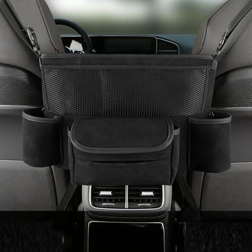 Car Organizer, Leather Large Capacity Car Purse Holder Between Seats, Seat Back Net Bag Double-sided Tissue Storage Handbag Holder Car Divider (Black)