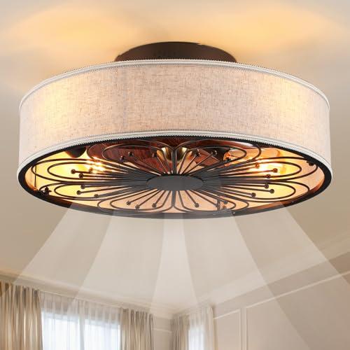 Caged Ceiling Fans with Lights Flush Mount,Low Profile Ceiling Fan with Remote,20 Inch Farmhouse White Ceiling Fan for Bedroom,6 Speeds Reversible Silent Fandalier(Include 4 Bulb)