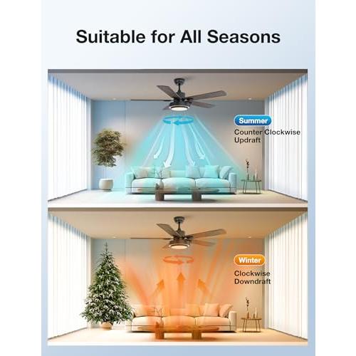 warmiplanet Ceiling Fans with Lights and Remote Control, 52 Inch, 6 Speeds Reversible DC Motor, 3 Color Dimmable Light, Timer, Noiseless, Black, 5 Blades