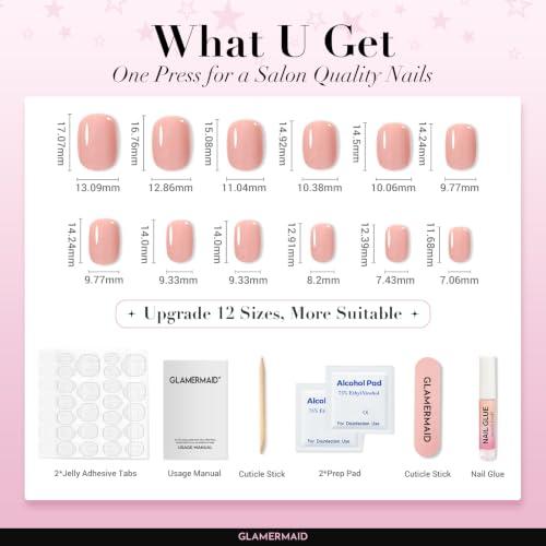 GLAMERMAID Nude Pink Press on Nails Short, Cinnamon Fake Nails Round Sqaure