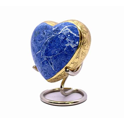 eSplanade Brass Mini Cremation Urn Heart-Shaped Keepsake Memorial Jar Pot Container | Small Urn for Funeral Ashes Burial | Stone Textured Keepsake with Stand | Blue - 2.75 Inches