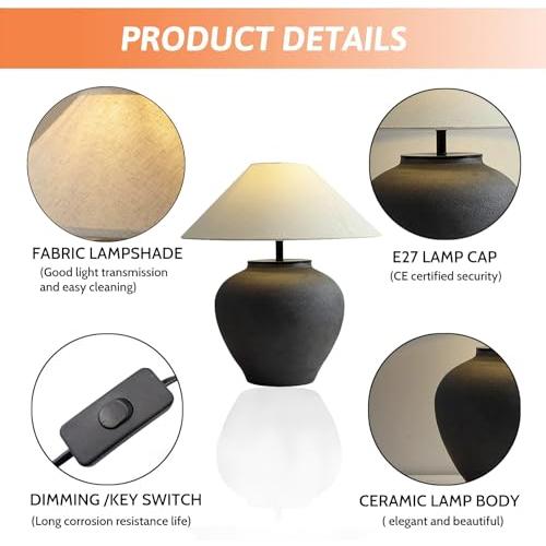Black and Cream Farmhouse Table Lamps Black 18.8 Tall Ceramic Table Lamp Rustic Southwestern Clay Pot Ceramic Lampshade with Fabric Shade Bedside Nightstand for Living Room Bedroom House Office Entryway (Black)